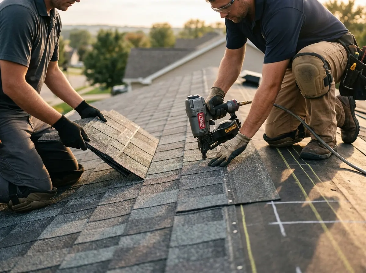 Professional roofer working on a residential roof in Platteville